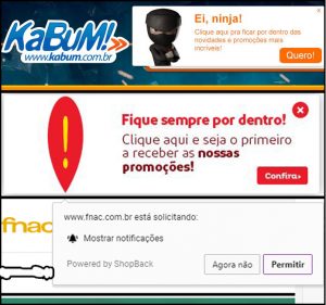 Notificação para assinatura das notificações push do Kabum!, Extra e Fnac