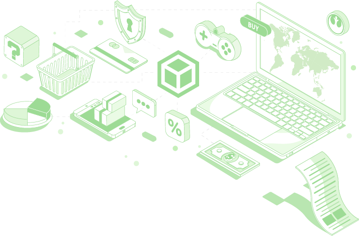 Portada del sitio web con elementos que representan el marketing digital de comercio electrónico.