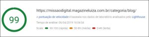 Pontuação de velocidade do blog da Lu para desktops no PageSpeed Insights, em abril de 2019. Na escala PageSpeed, nota 0 é ruim e nota 100 é excelente.