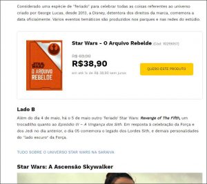 Blog da Saraiva: no meio dos posts, link em destaque e com botão para páginas de vendas da livraria