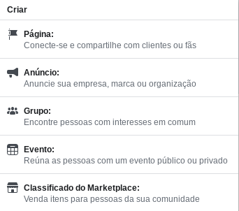 Para produzir sua fanpage, clique no menu "Criar", no Facebook, e escolha "Página".