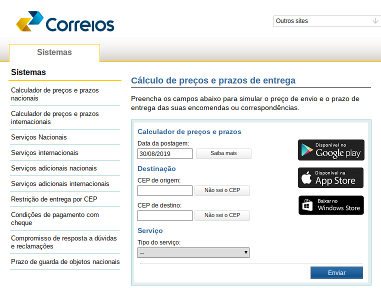 Calculadora de frete dos Correios. Como se pode ver, ela está disponível em aplicativos nas lojas Google Play, App Store e Windows Store