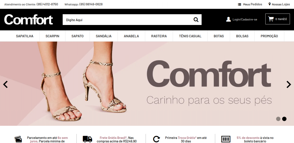Detalhe da Home Page do site e-commerce Lojas Comfort antes da dobra da página