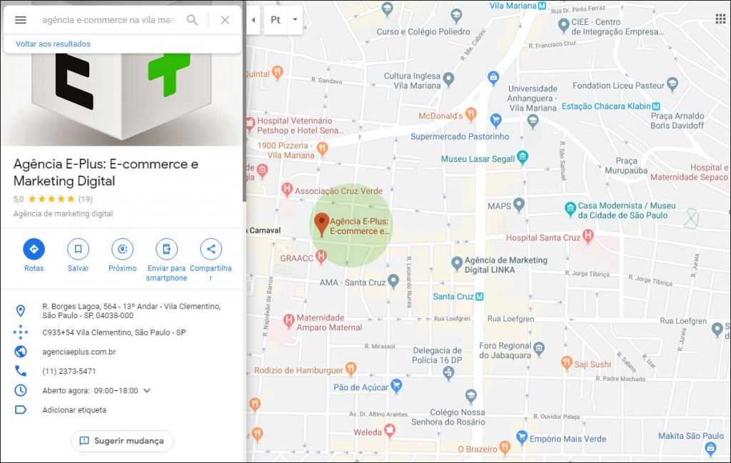 Resultado da busca por "agência e-commerce na Vila Mariana" feita no Google Maps