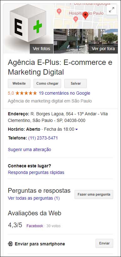 Uma parte da ficha da e-Plus apresentada nos resultados de buscas do Google