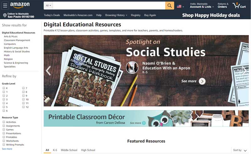 Detalhe da parte do site da Amazon onde os recursos educacionais são vendidos