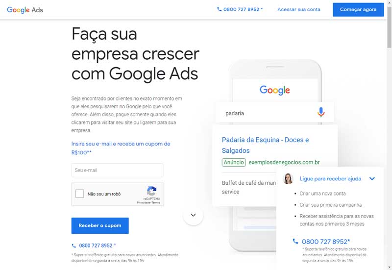 Homepage da plataforma Google Ads