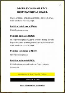 Comunicado sobre taxas de envio da loja online dedicado aos consumidores brasileiros
