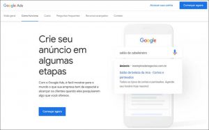 Print da plataforma Google Ads, a qual possibilita gerar tráfego pago para sua loja virtual, multi loja e até mobile loja, entre outros destinos online
