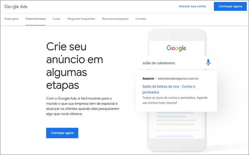 Print da plataforma Google Ads, a qual possibilita gerar tráfego pago para sua loja virtual, multi loja e até mobile loja, entre outros destinos online. Imagem: @googleads