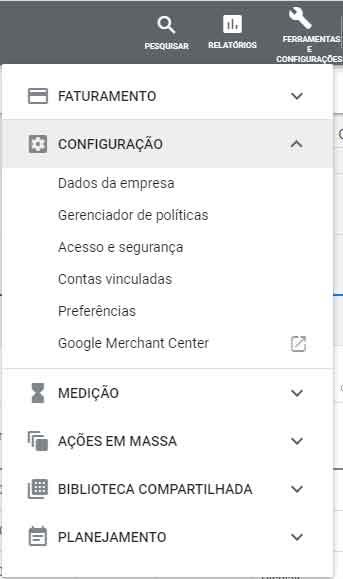 Google Ads Youtube: para vincular contas acesse o menu "Ferramentas", "Configuração" e "Contas vinculadas" no sistema Ads