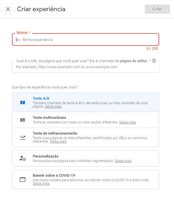 Experiências que você pode criar usando a Google Optimize