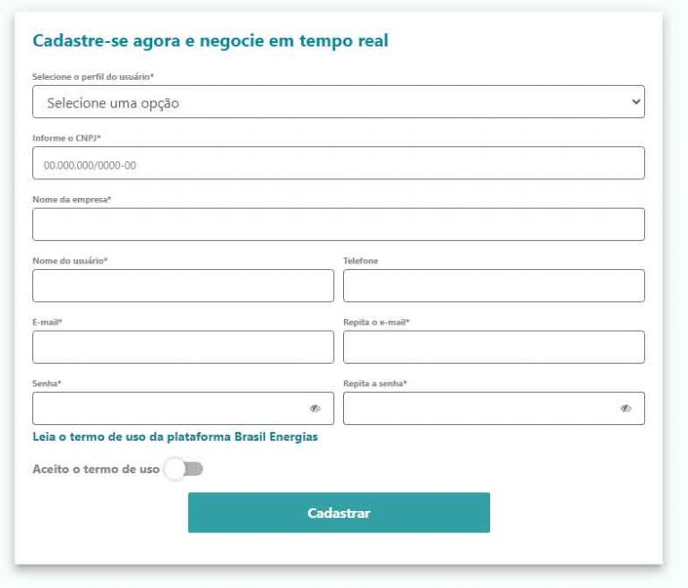 Interface de cadastro no marketplace da Brasil Comercializadora