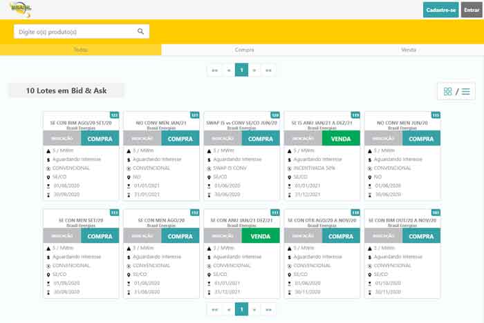 Sistema de cards online do marketplace de energia elétrica