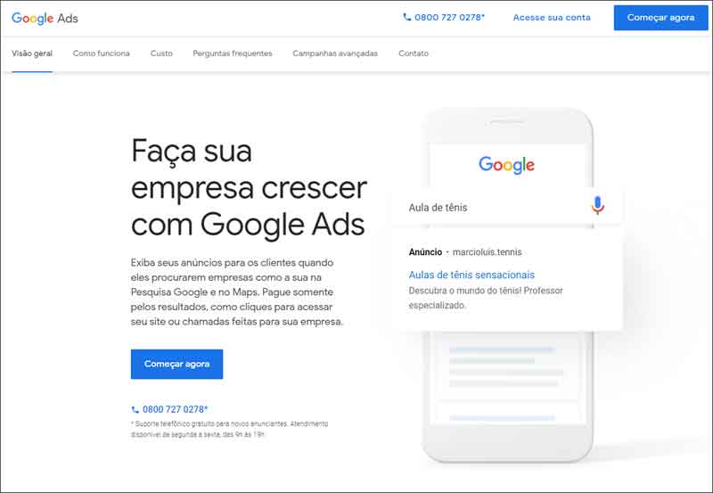 Print da homepage do Google Ads