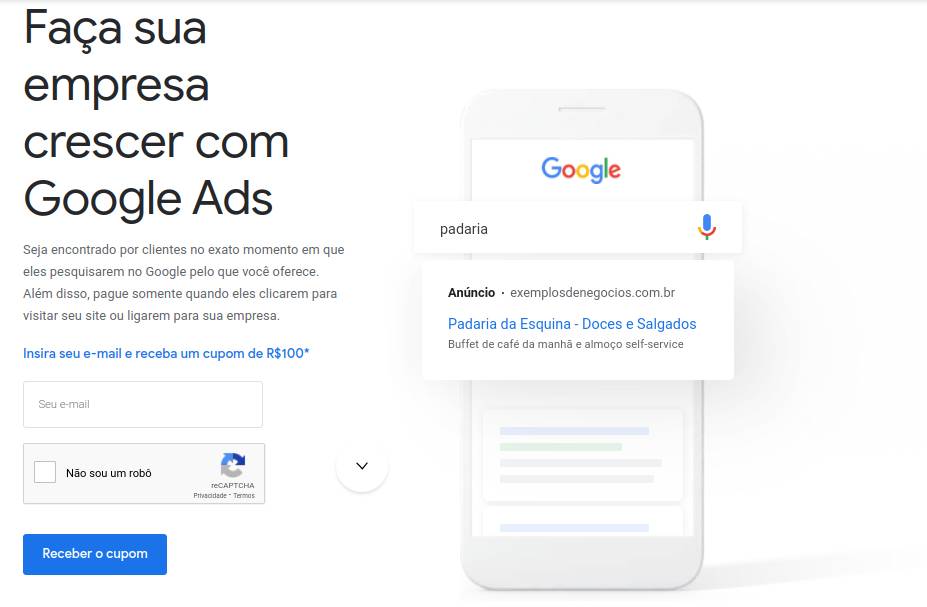 Insira seu e-mail e clique em "receber" para obter um Google Ads Cupom