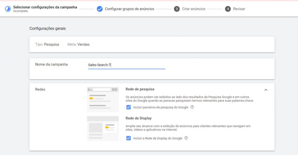 Preencha as configurações da campanha de anúncios