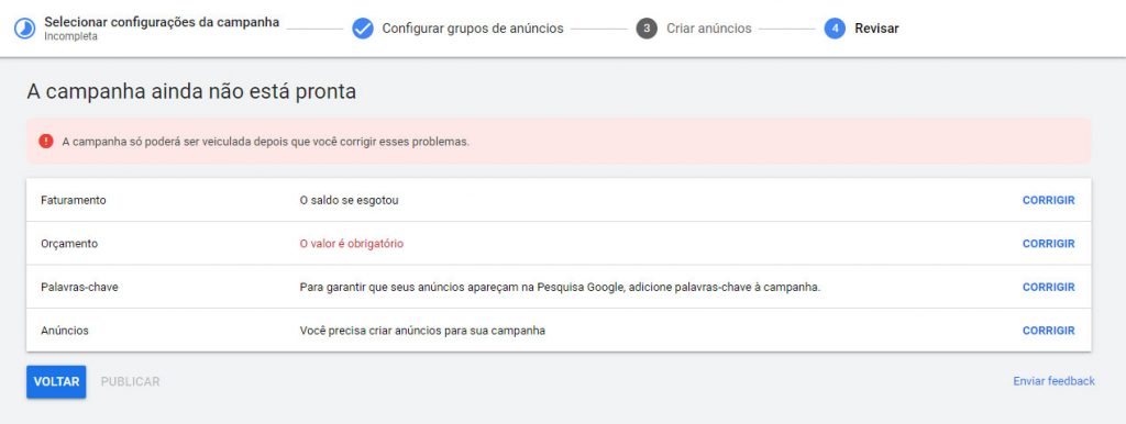 Revise sua campanha e seus anúncios