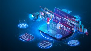 Data analysis concept. Teamwork of business analysts on holographic charts and diagrams of sales management statistics and operational reports. Can use for web banner, infographics. Vector isometric
