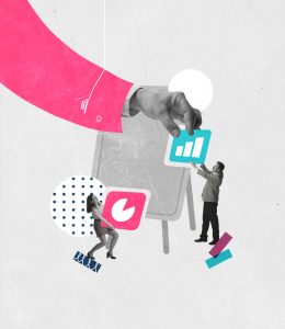 Contemporary art collage. Employees working together on business project, making profitable strategy