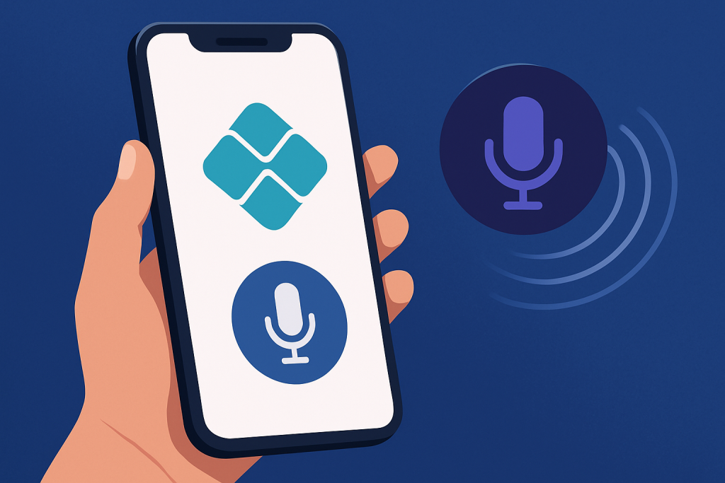 Ilustração de uma mão segurando um celular com o símbolo do Pix e um ícone de microfone, representando o uso do Pix por voz para facilitar pagamentos em lojas virtuais.