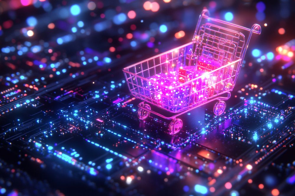 VTEX B2B Carrinho de compras rosa em estilo cyberpunk sobre placas de circuito, representando as soluções tecnológicas da VTEX B2B para e-commerces corporativos