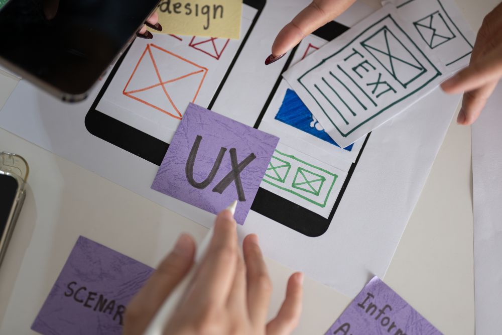 ux writing Imagem de um brainstorming de design de interface com foco em UX Writing, mostrando anotações manuais sobre textos, layout e experiência do usuário em diversos dispositivos.