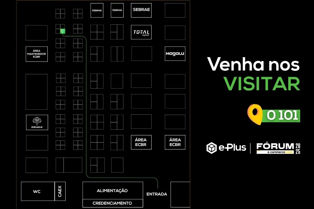 Fórum E-Commerce Brasil 2025 Imagem com o mapa do evento Fórum E-Commerce Brasil 2025, como chegar no estande da e-Plus, que estará na localização O101 do evento.