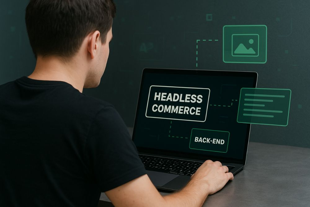 Headless Commerce é para mim Desenvolvedor analisa em seu notebook um diagrama que ilustra a arquitetura do headless commerce, com o back-end separado do front-end, enquanto avalia se a tecnologia é a ideal para seu projeto, se perguntando: "headless commerce é para mim?".