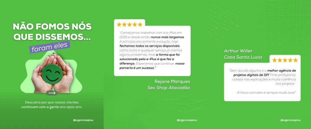 Imagem com o fundo verde e três cartões de uma publicação do Instagram da e-Plus, onde mostram avaliações de clientes e a importância do Google Reviews