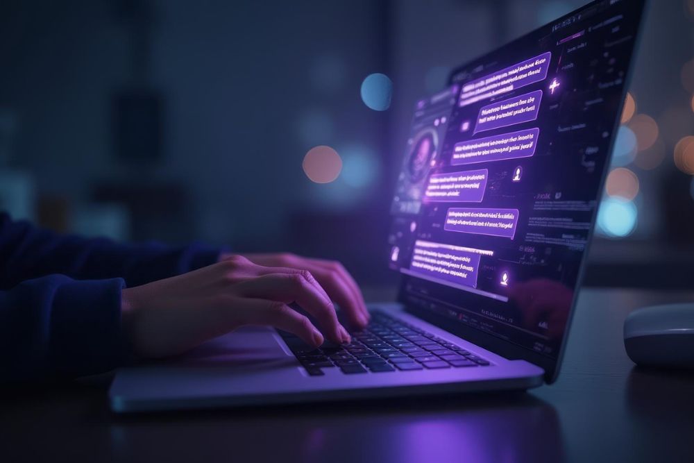 ChatGPT Pessoa digitando em notebook com interface de chat com IA na tela, representando o uso do ChatGPT e motores de resposta para busca de informações