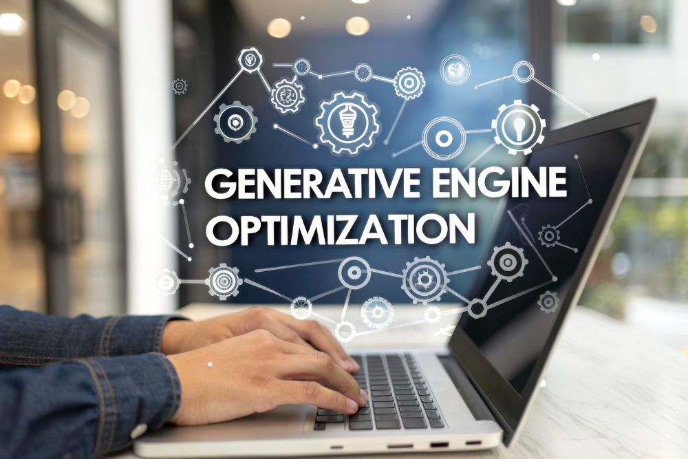 GEO - Generative Engine Optimization Uma foto de close-up das mãos de uma pessoa digitando em um laptop. Uma rede gráfica futurista de engrenagens interconectadas e ícones de dados flutua acima do laptop, com o texto central GEO Generative Engine Optimization.