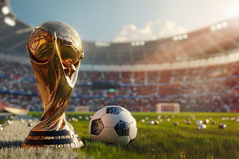 copa do mundo 2026 Troféu dourado e bola de futebol sobre o gramado de um estádio lotado, representando o comportamento do consumidor e as oportunidades do varejo digital na copa do mundo 2026.