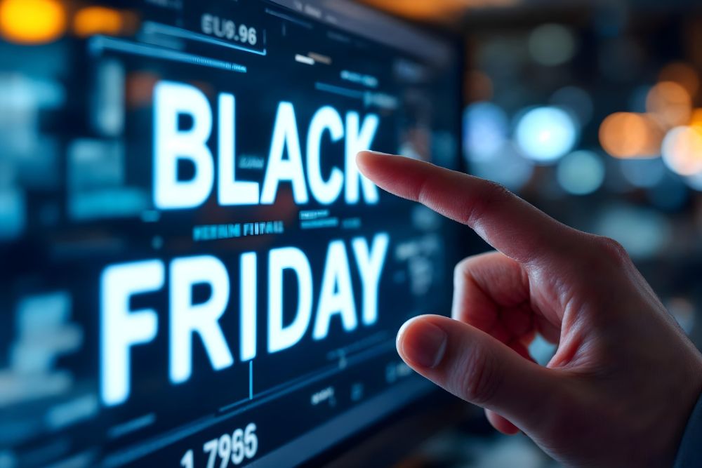 Black Friday 2026 Tela de um computador com a palavra BLACK FRIDAY 2026 em destaque e um dedo apontando.
