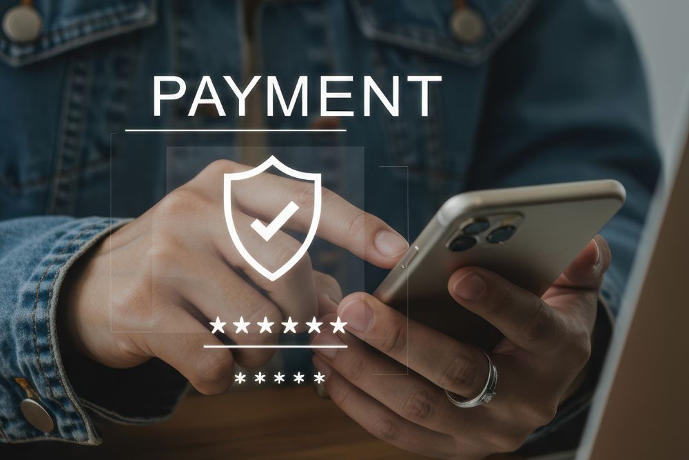Pessoa segurando um smartphone com ícones de segurança digital e a palavra payment em destaque, ilustrando a confirmação de uma transação segura via pix automático.