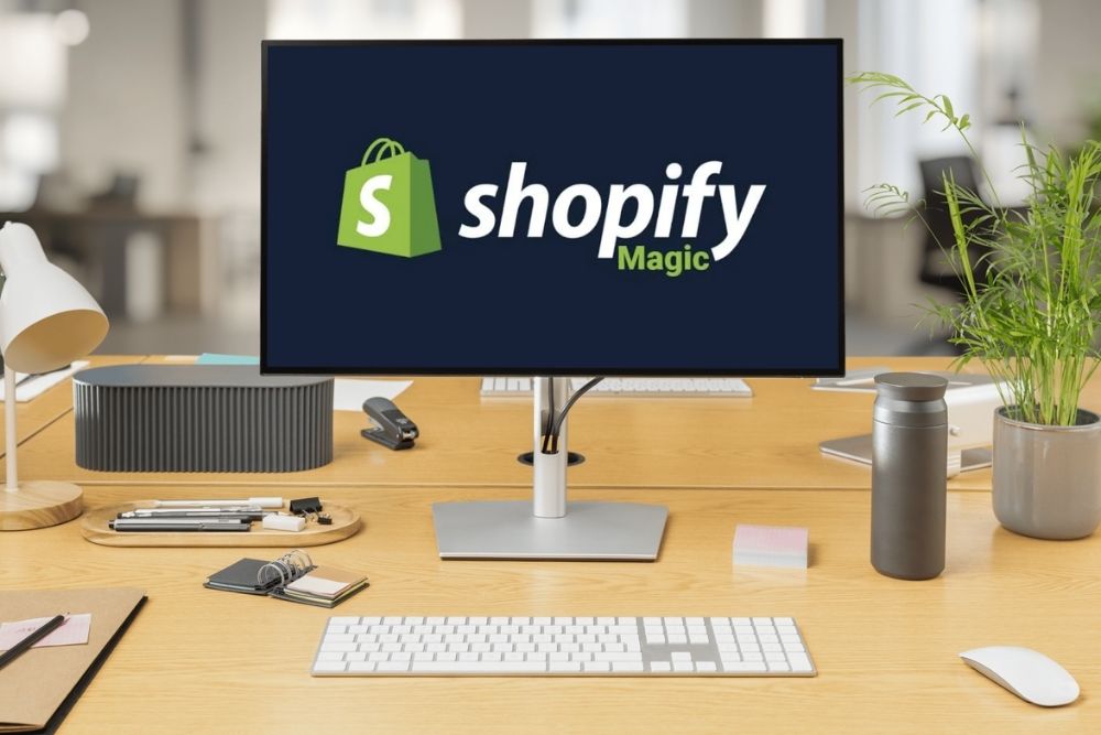 Logo do Shopify Magic exibido na tela de um monitor sobre uma mesa de escritório com teclado, mouse e planta.