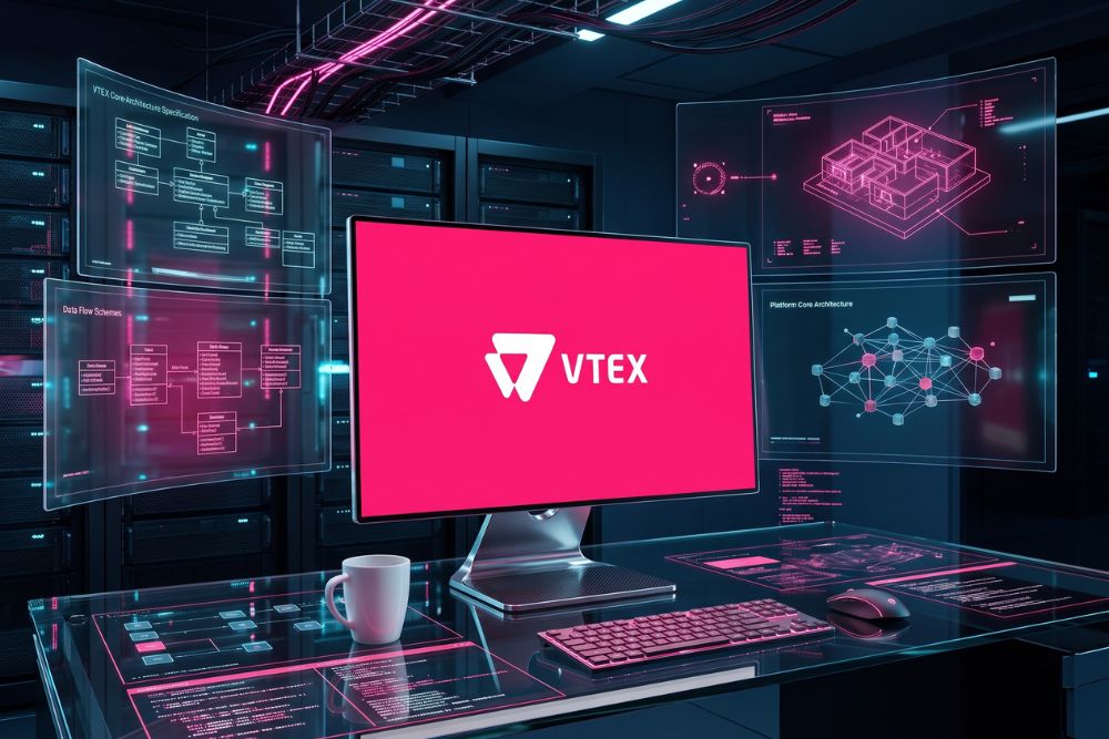 Monitor com logo da VTEX cercado por diagramas de arquitetura em telas holográficas, representando a modelagem VAMS