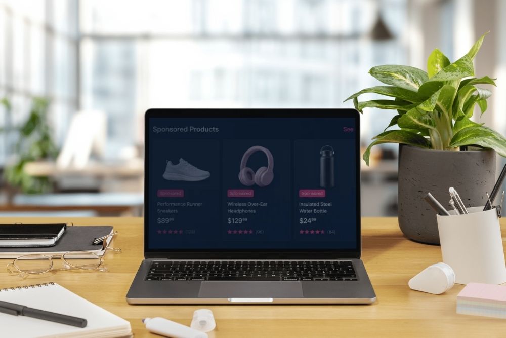 Notebook exibe anúncios de produtos patrocinados no e-commerce, formato de Retail Media da VTEX Ads